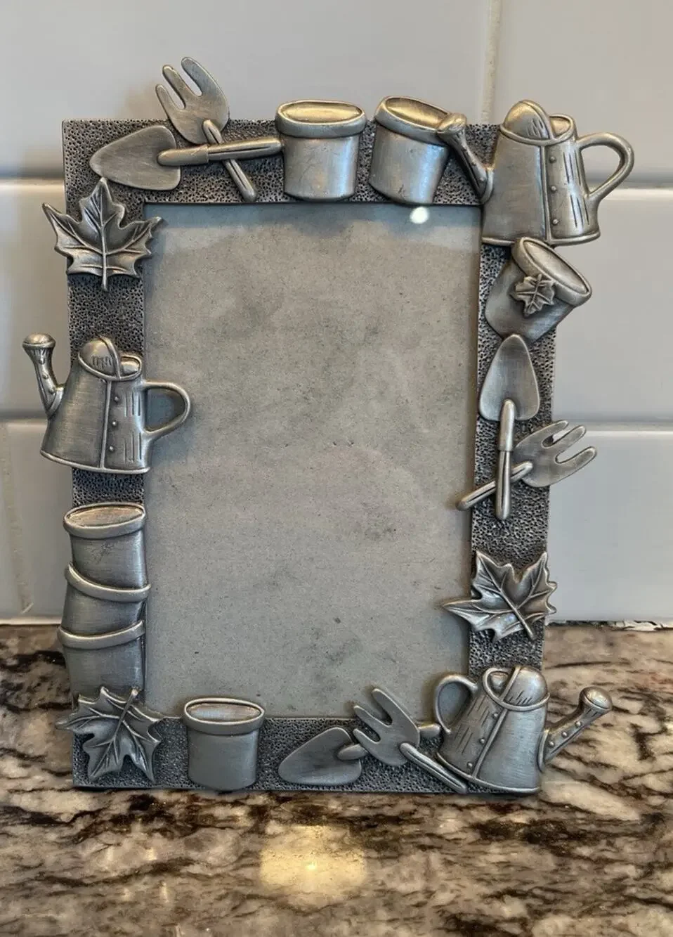 Vintage Pewter Picture Frame Gardening Tools Leaves 4 x 6 Photo Cottage Core